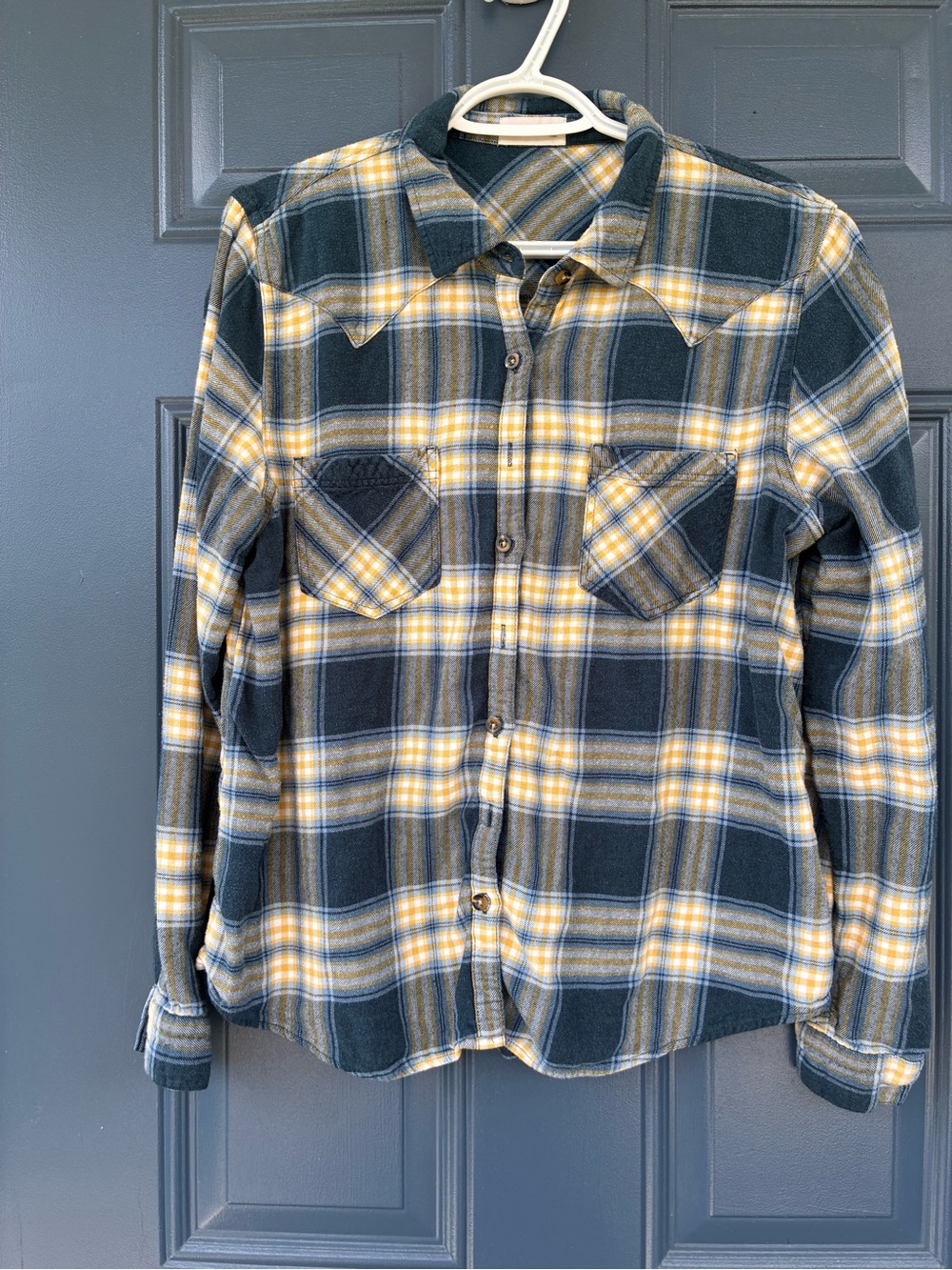 Maurices Women's Plaid Button-Down Shirt - Black and Yellow; Size L Cozy flannel